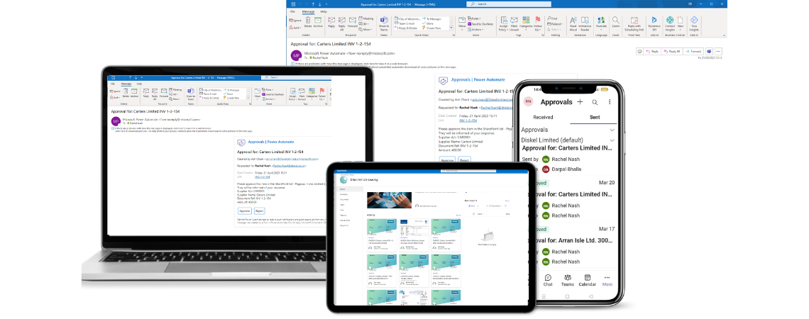 AutoApprovals approval workflow shown on mobile, laptop and Outlook